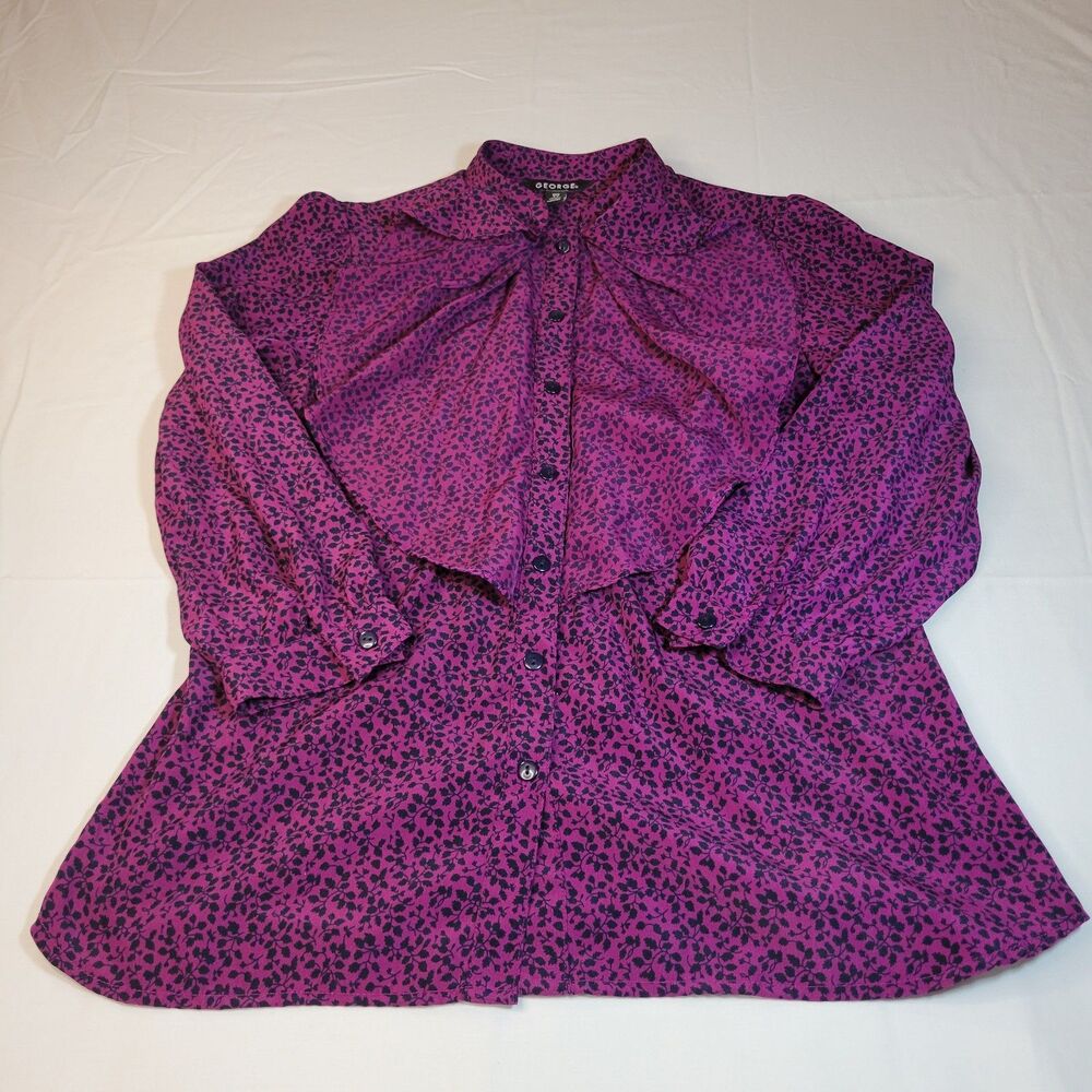 George Floral Ruffle Button Up Womens Blouse Purple Black Long Sleeve Shirt S